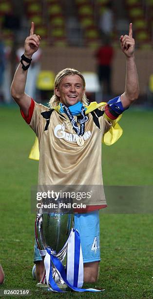 Anatoily Tymoshchuk of Zenit St.Petersburg celebrates with the tropy after wiining the UEFA Super Cup between Manchester United and Zenit...