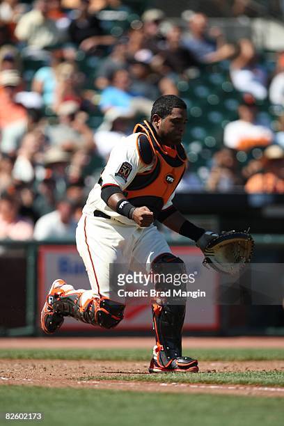 Pablo Sandoval of the San Francisco Giants chases a ball during the game against the Florida Marlins at AT&T Park in San Francisco, California on...