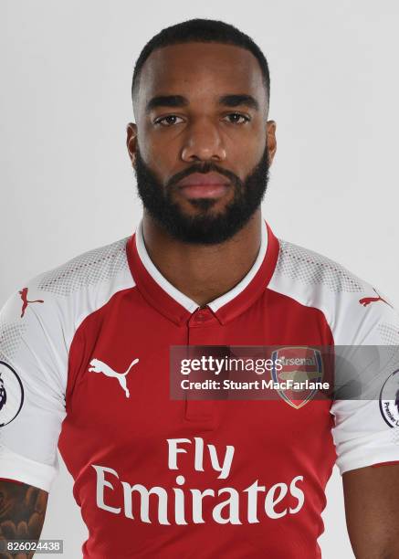 Alex Lacazette of Arsenal poses in a first team photocall at Emirates Stadium on August 3, 2017 in London, England.