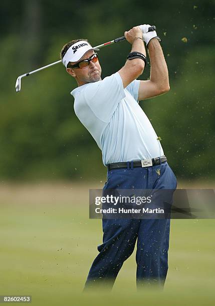 Robert Allenby of Australia plays a shot during the first round of the Deutsche Bank Championship at TPC Boston on August 29, 2008 in Norton,...