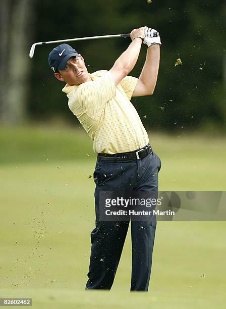 Justin Leonard plays a shot during the first round of the Deutsche Bank Championship at TPC Boston on August 29, 2008 in Norton, Massachusetts.