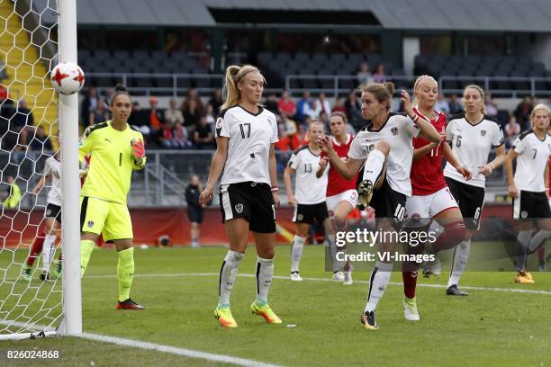 Goalkeeper Manuela Zinsberger of Austria women, Sarah Puntigam of Austria women, Virginia Kirchberger of Austria women, Simone Boye Sorensen of...