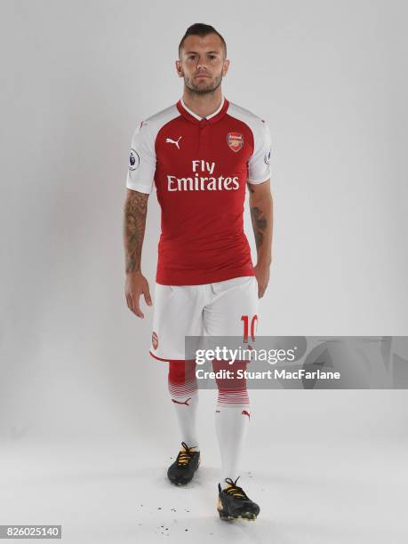 Jack Wilshere of Arsenal poses in a first team photocall at Emirates Stadiumon August 3, 2017 in London, England.