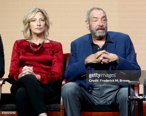 Actor Edie Falco and executive producer/creator Dick Wolf of 'Law & Order True Crime: The Menendez Murders' speaks onstage during the NBCUniversal...