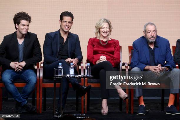 Actors Gus Halper, Miles Gaston Villanueva, Edie Falco, and executive producer/creator Dick Wolf of 'Law & Order True Crime: The Menendez Murders'...