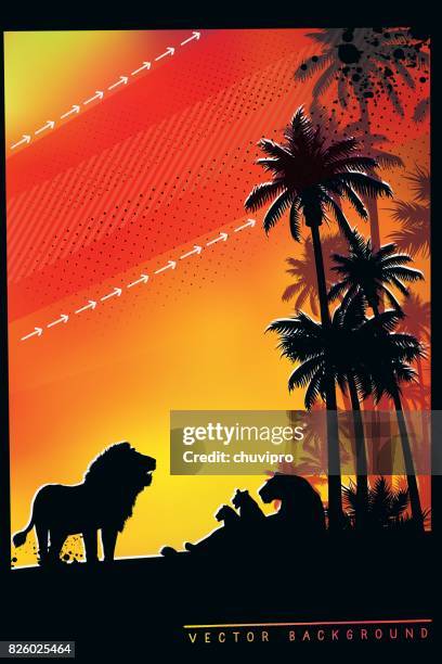 african safari background with roaring lion, lioness and cubs - lion cub stock illustrations