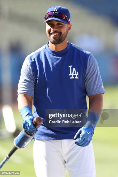 May 25: Franklin Gutierrez of the Los Angeles Dodgers looks on before the game against the St. Louis Cardinals at Dodger Stadium on May 25, 2017 in...