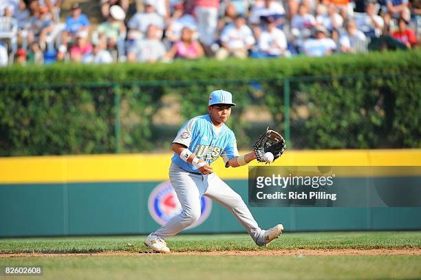 Trevor Ling of the Waipio Little League team fields during the World Series Championship game against the Matamoros Little League team at Lamade...