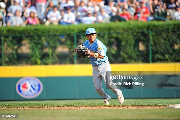Trevor Ling of the Waipio Little League team fields during the World Series Championship game against the Matamoros Little League team at Lamade...