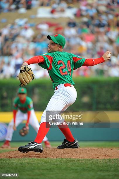 Jesus Sauceda of the Matamoros Little League team pitches during the World Series Championship game against the Waipio Little League team at Lamade...
