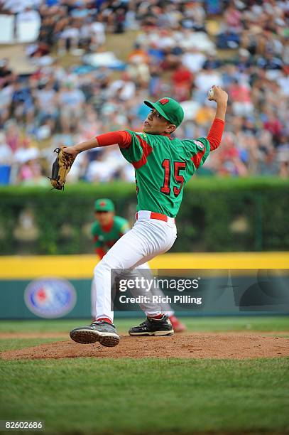 Sergio Rodriguez of the Matamoros Little League team pitches during the World Series Championship game against the Waipio Little League team at...