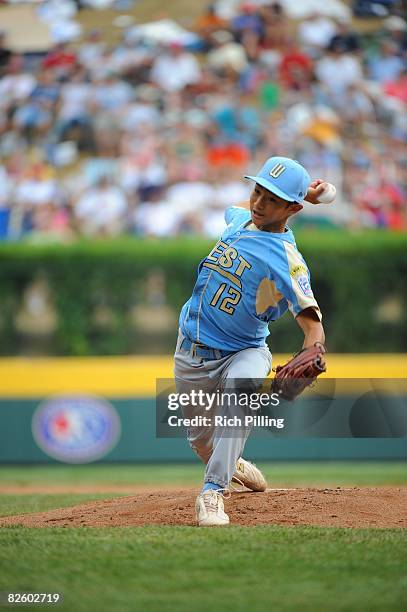 Caleb Duhay of the Waipio Little League team pitches during the World Series Championship game against the Matamoros Little League team at Lamade...