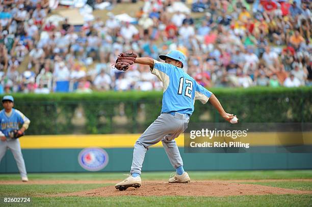 Caleb Duhay of the Waipio Little League team pitches during the World Series Championship game against the Matamoros Little League team at Lamade...