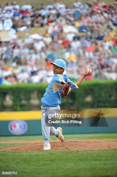 Caleb Duhay of the Waipio Little League team pitches during the World Series Championship game against the Matamoros Little League team at Lamade...