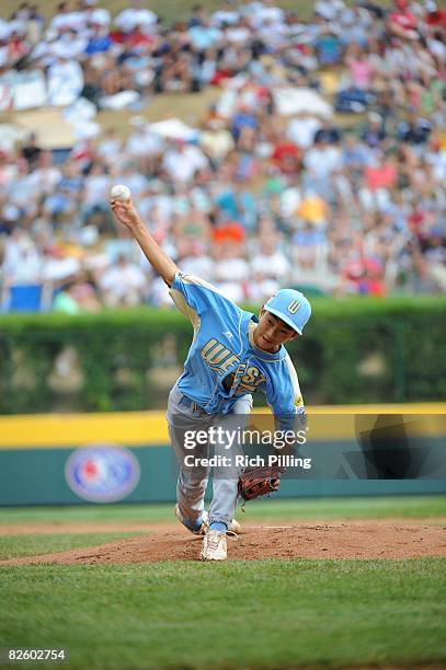 Caleb Duhay of the Waipio Little League team pitches during the World Series Championship game against the Matamoros Little League team at Lamade...