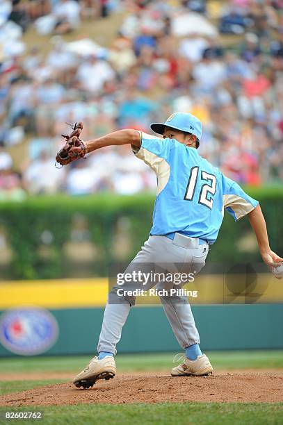 Caleb Duhay of the Waipio Little League team pitches during the World Series Championship game against the Matamoros Little League team at Lamade...