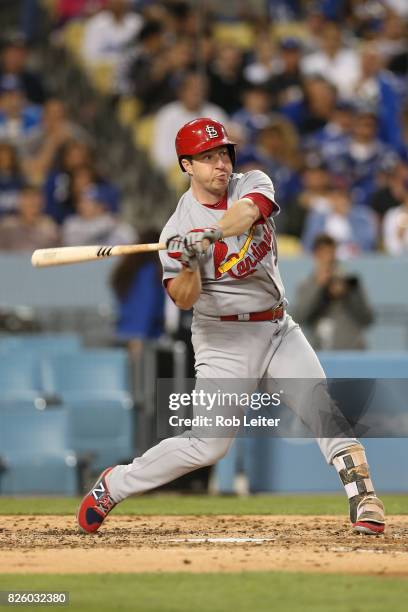 May 25: Jedd Gyorko of the St. Louis Cardinals bats during the game against the Los Angeles Dodgers at Dodger Stadium on May 25, 2017 in Los Angeles,...