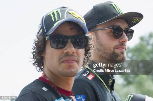 Franco Morbidelli of Italy and EG 00 Marc VDS and Jonas Folger of Germany and Monster Yamaha Tech 3 look on during the pre-event "Motogp riders make...