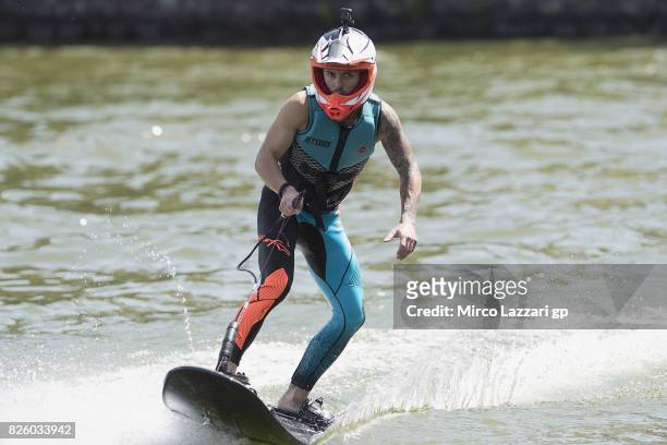 Jonas Folger of Germany and Monster Yamaha Tech 3 rides during the pre-event "Motogp riders make a JetSurf competition at the Brno Dam" during the...
