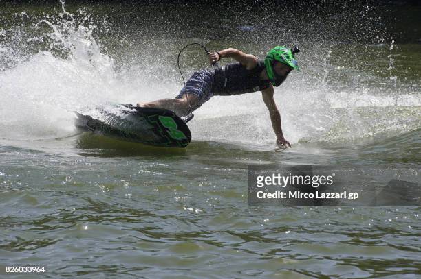 Jakub Kornfeil of Czech Rep. And Peugeot MC Saxoprint rides during the pre-event "Motogp riders make a JetSurf competition at the Brno Dam" during...