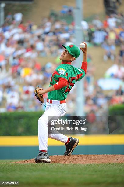 Sergio Rodriguez of the Matamoros Little League team pitches during the World Series Championship game against the Waipio Little League team at...