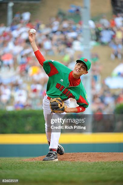 Sergio Rodriguez of the Matamoros Little League team pitches during the World Series Championship game against the Waipio Little League team at...