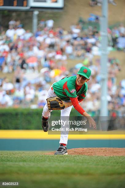 Sergio Rodriguez of the Matamoros Little League team pitches during the World Series Championship game against the Waipio Little League team at...
