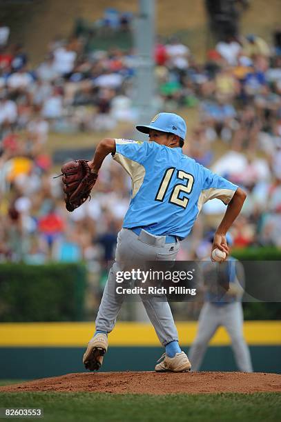 Caleb Duhay of the Waipio Little League team pitches during the World Series Championship game against the Matamoros Little League team at Lamade...