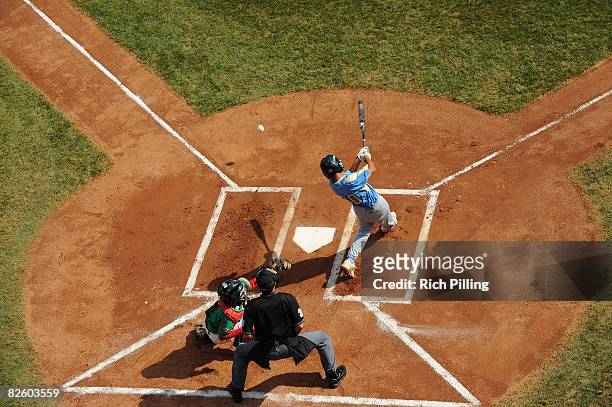 Pikai Winchester of the Waipio Little League team hits during the World Series Championship game against the Matamoros Little League team at Lamade...