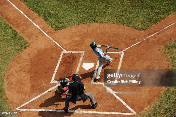 Pikai Winchester of the Waipio Little League team hits during the World Series Championship game against the Matamoros Little League team at Lamade...