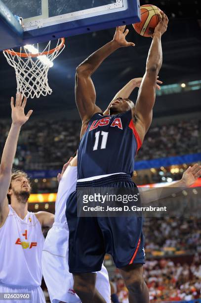 Dwight Howard of the United States lays up a shot during the gold medal game of the 2008 Beijing Summer Olympics against Spain at the Beijing Olympic...