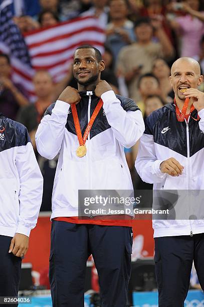 LeBron James and Jason Kidd of the United States receive their gold medals after the gold medal game against Spain of the 2008 Beijing Summer...