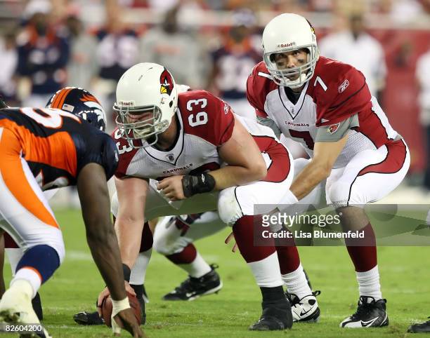 Matt Leinart of the Arizona Cardinals calls a play during the first half against the Denver Broncos at University of Phoenix Stadium on August 29,...