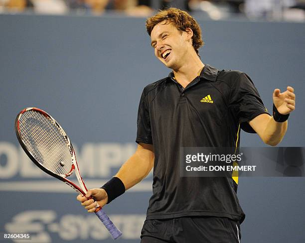Ernests Gulbis of Latvia reacts to a point during his match against Andy Roddick of the US at the US Open tennis tournament August 29, 2008 in...