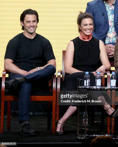Actors Milo Ventimiglia and Mandy Moore of 'This Is Us' speak onstage during the NBCUniversal portion of the 2017 Summer Television Critics...