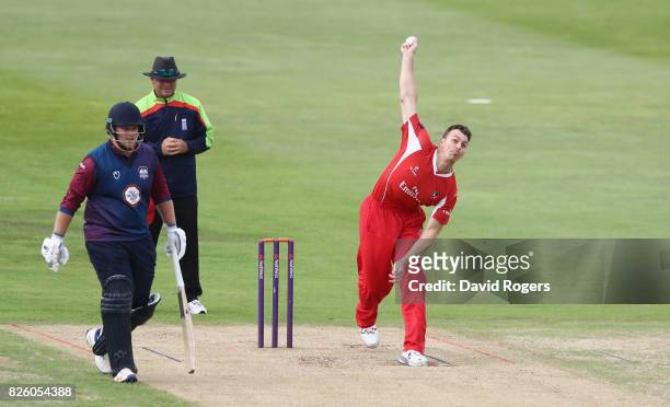 Ryan McLaren bowls during the NatWest T20 Blast match between Northampton Steelbacks and Lancashire Lightening at The County Ground on August 3, 2017...