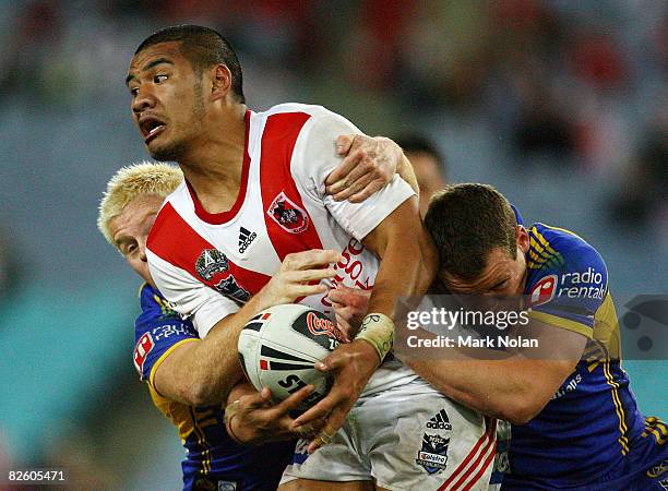 Lagi Setu of the Dragons looks to offload during the round 25 NRL match between the St George-Illawarra Dragons and the Parramatta Eels held at ANZ...