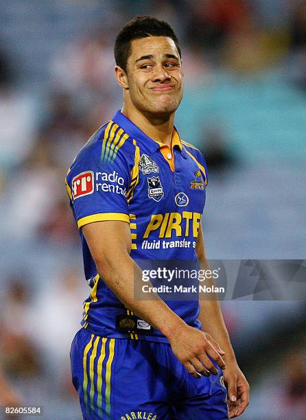 Jarryd Hayne of the Eels reacts during the round 25 NRL match between the St George-Illawarra Dragons and the Parramatta Eels held at ANZ Stadium...