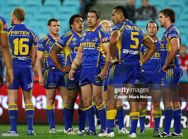 The Parramatta Eels wait behind the try line after a Dragons try during the round 25 NRL match between the St George-Illawarra Dragons and the...