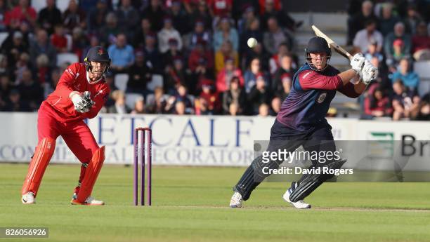 Richard Levi of Northamptonshire hits a boundary during the NatWest T20 Blast match between Northampton Steelbacks and Lancashire Lightening at The...