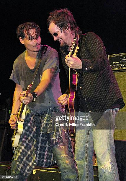 Johnny Depp and Joey Malone of the band The Kids perform live as part of the Sheila Witkin Memorial Reunion Concert at Club Cinema on August 29, 2008...