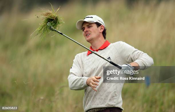 Justin Rose of England plays his third shot on the par five 2nd hole during the third round of The Johnnie Walker Championship at Gleneagles on...