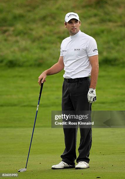 Oliver Wilson of England on the par five 18th hole during the third round of The Johnnie Walker Championship at Gleneagles on August 30, 2008 at the...