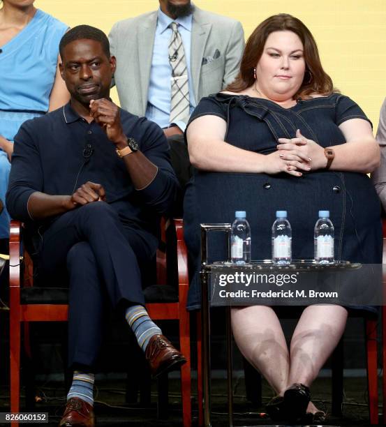 Actors Sterling K. Brown and Chrissy Metz of 'This Is Us' speak onstage during the NBCUniversal portion of the 2017 Summer Television Critics...