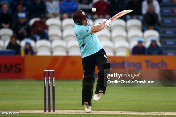 Aaron Finch of sURREY hits out during the NatWest T20 Blast match between Sussex Sharks and Surrey at The 1st Central County Ground on August 3, 2017...