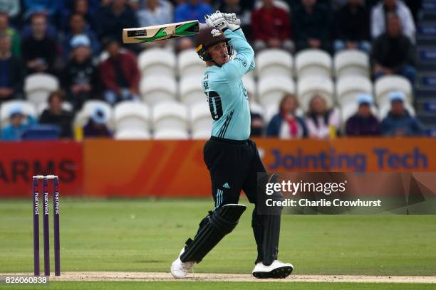 Jason Roy of Surrey hits out during the NatWest T20 Blast match between Sussex Sharks and Surrey at The 1st Central County Ground on August 3, 2017...