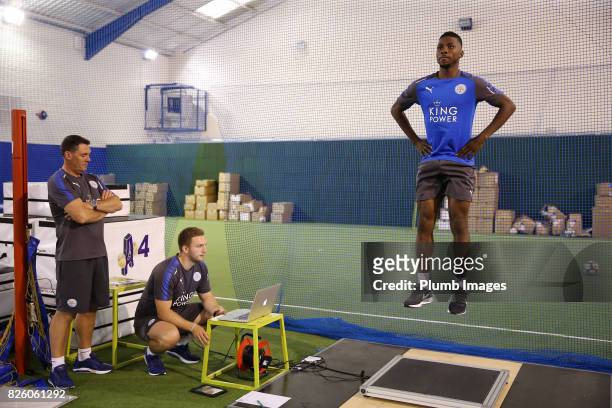 August 03: Leicester City announce the signing of Kelechi Iheanacho pictured during his medical at King Power Stadium on August 3rd, 2017 in...