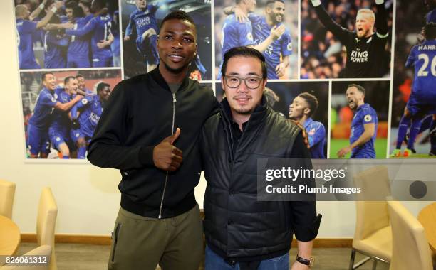 August 03: Leicester City announce the signing of Kelechi Iheanacho at King Power Stadium pictured with Vice chairman Aiyawatt Srivaddhanaprabha on...