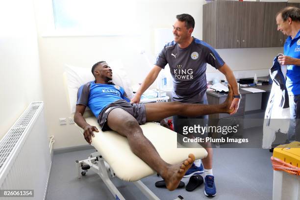 August 03: Kelechi Iheanacho during his medical with head of physiotherapy Dave Rennie at King Power Stadium on August 3rd, 2017 in Leicester, United...