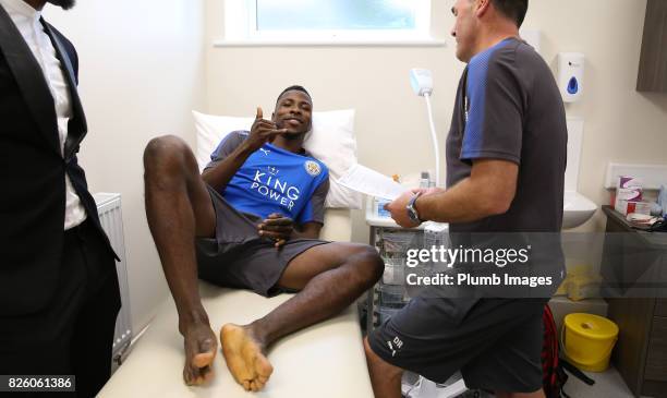 August 03: Kelechi Iheanacho during his medical with head of physiotherapy Dave Rennie at King Power Stadium on August 3rd, 2017 in Leicester, United...